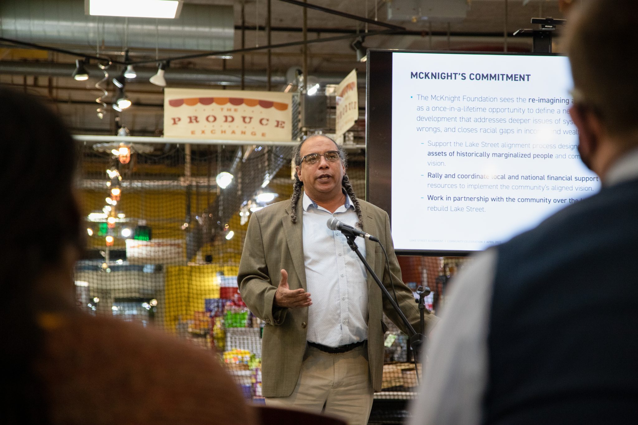 At a community gathering inside Midtown Global Market, David Nicholson shares McKnight's commitment to community in equitably rebuilding Lake Street, the epicenter of the civil unrest in Minneapolis that followed the murder of George Floyd.