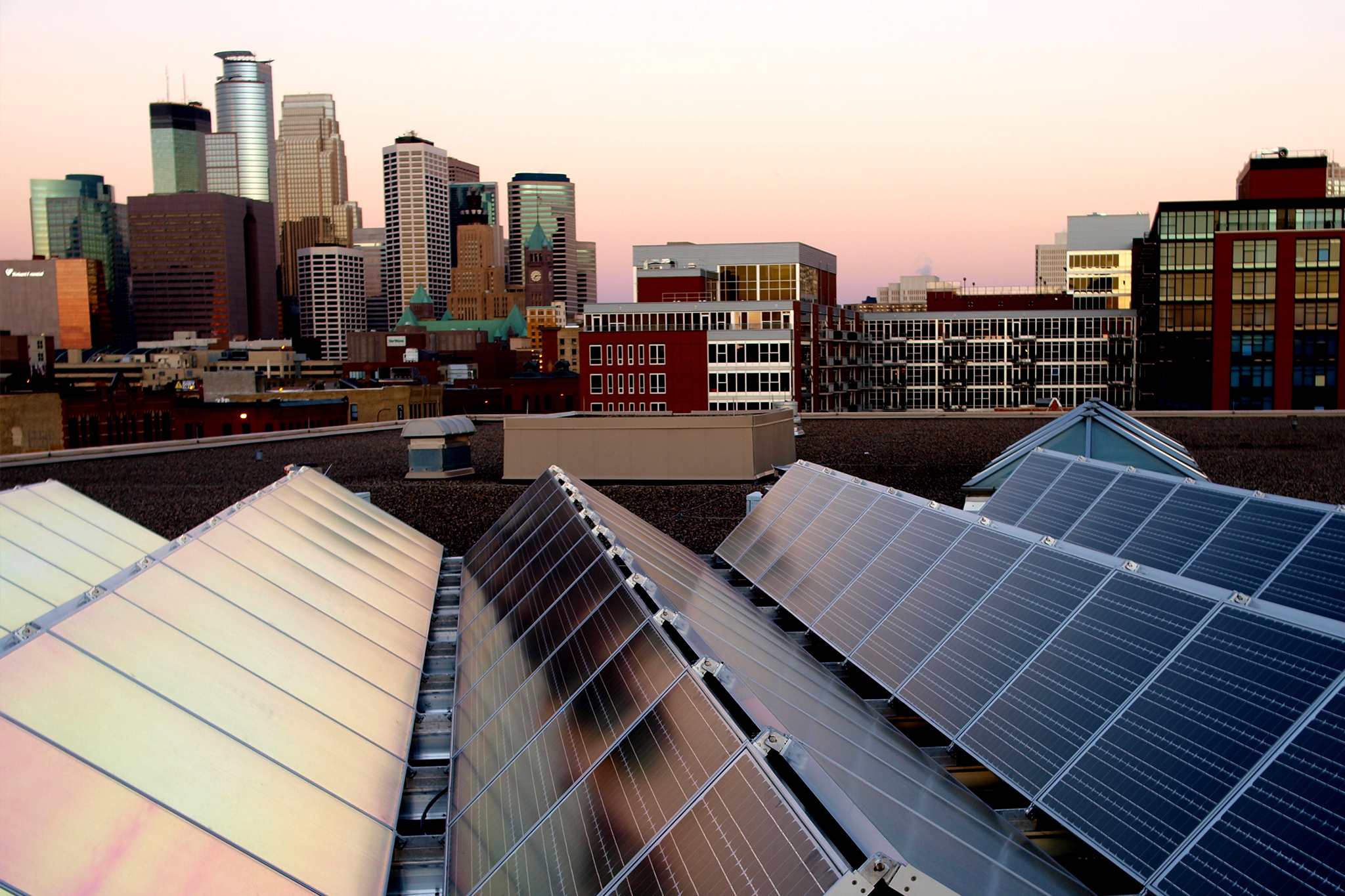 Skyline of Minneapolis with solar panels.