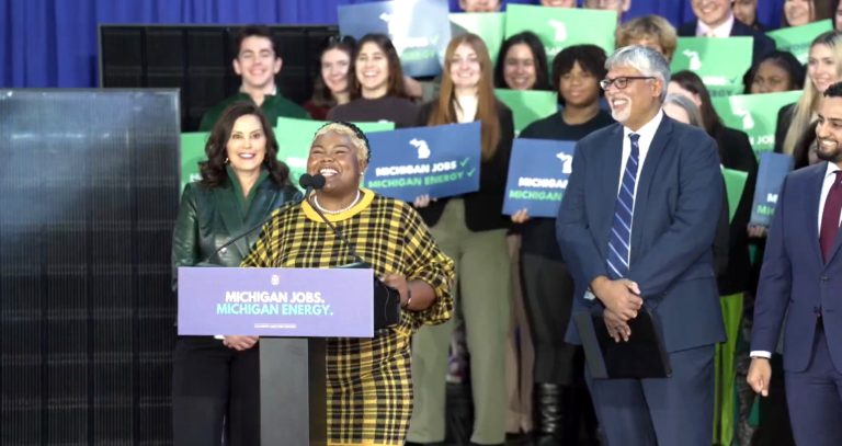 Michigan student advocate Zaria Coleman speaks during bill signing. Photo credit: Michigan Energy, Michigan Jobs live stream