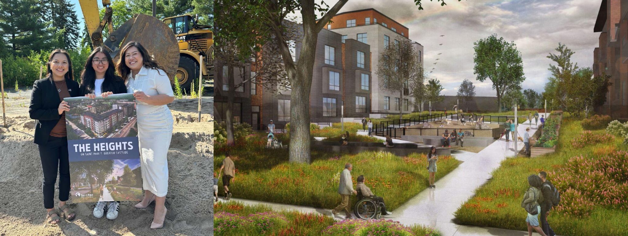 Groundbreaking and artist rendering of The Heights development, whose district geothermal system received the first award from Minnesota's new green bank. Photo credit: The Heights Community Energy