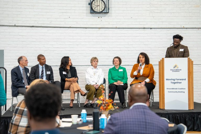 Tonya Allen shares the stage with other leaders at the GroundBreak Coalition Community Briefing. Photo credit: Molly Miles