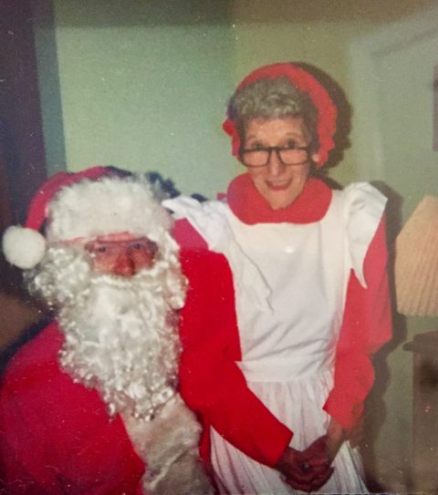 Sarah's grandparents dressed as Santa & Mrs. Claus—her grandpa was always the town Santa.