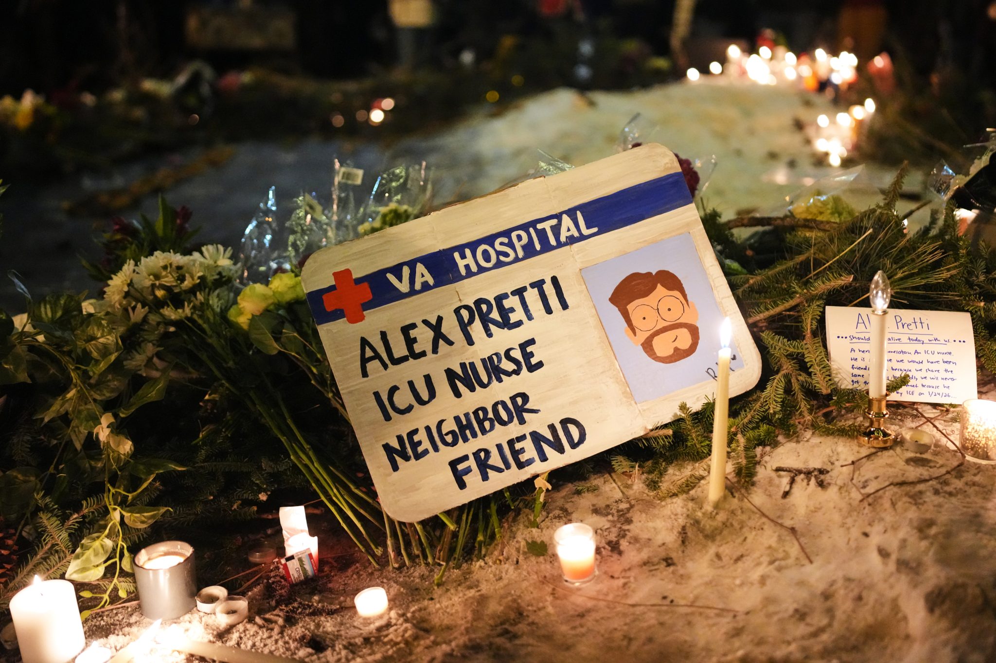 A memorial for Alex Pretti, 37, who was killed by a federal agent in Minneapolis on January 24, 2026. Photo credit: Adam Gray, Associated Press