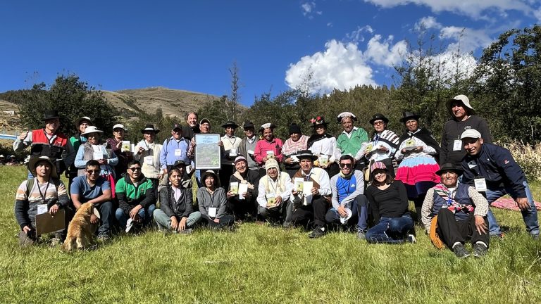 Katherin Meza with researchers and farmers from Grupo Yanapai, AGUAPAN, and International Potato Center in Peru's Mantaro Valley in the Peruvian highlands. Credit: Gonzalo Vera Tudela