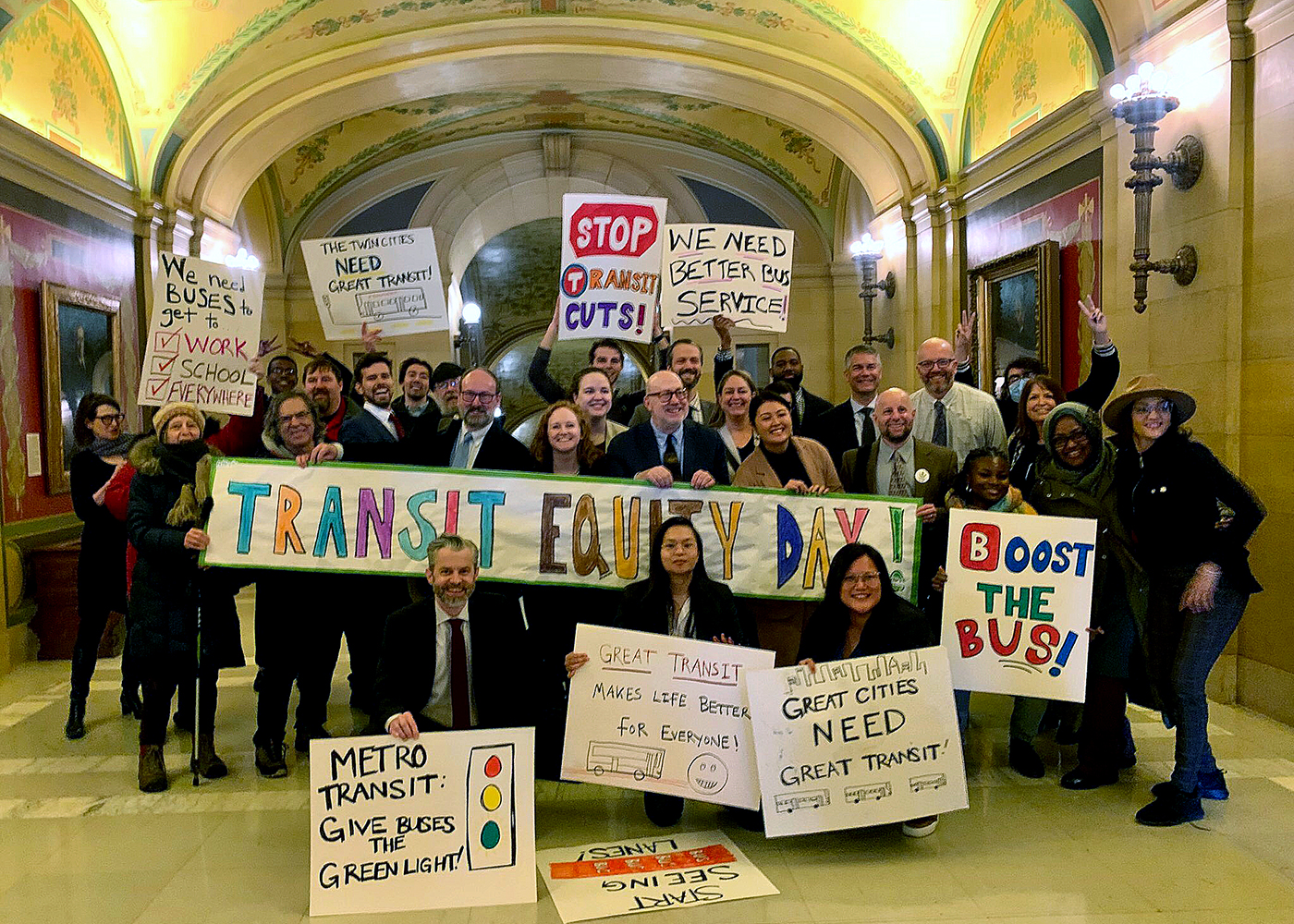 Advocates gather for Transit Equity Day at the Minnesota State Capitol in 2023. Photo credit: Move Minnesota