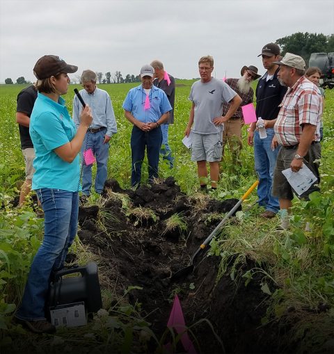 Holly Hatlewick, NWF Cover Crop Champion, speaks to farmers at a field day organized by the Renville, MN, Soil and Water Conservation District.